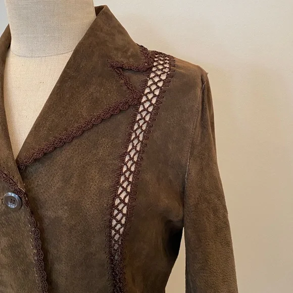White Stag Womens Vintage Brown Suede Blazer w Macramé Trim Size 4/6 - Picture 3 of 11